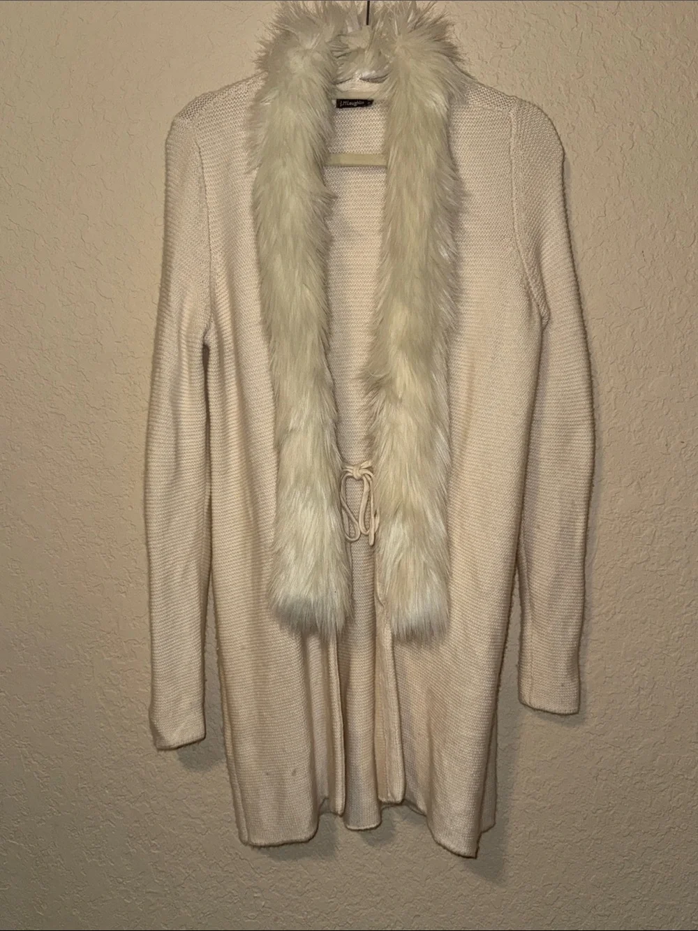 J. McLaughlin Cream Faux-Fur Trim Open Front Cardigan size small